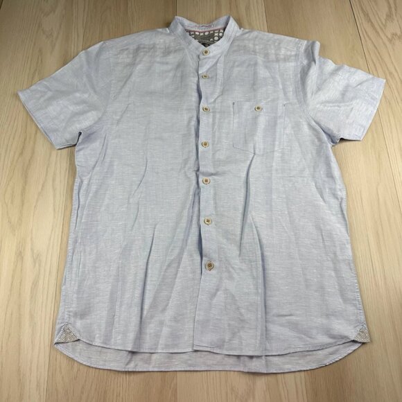 Ted Baker Mens Blue Linen Blend Band Collar Button Up Pocket Preppy Shirt Size 5 - Picture 1 of 8